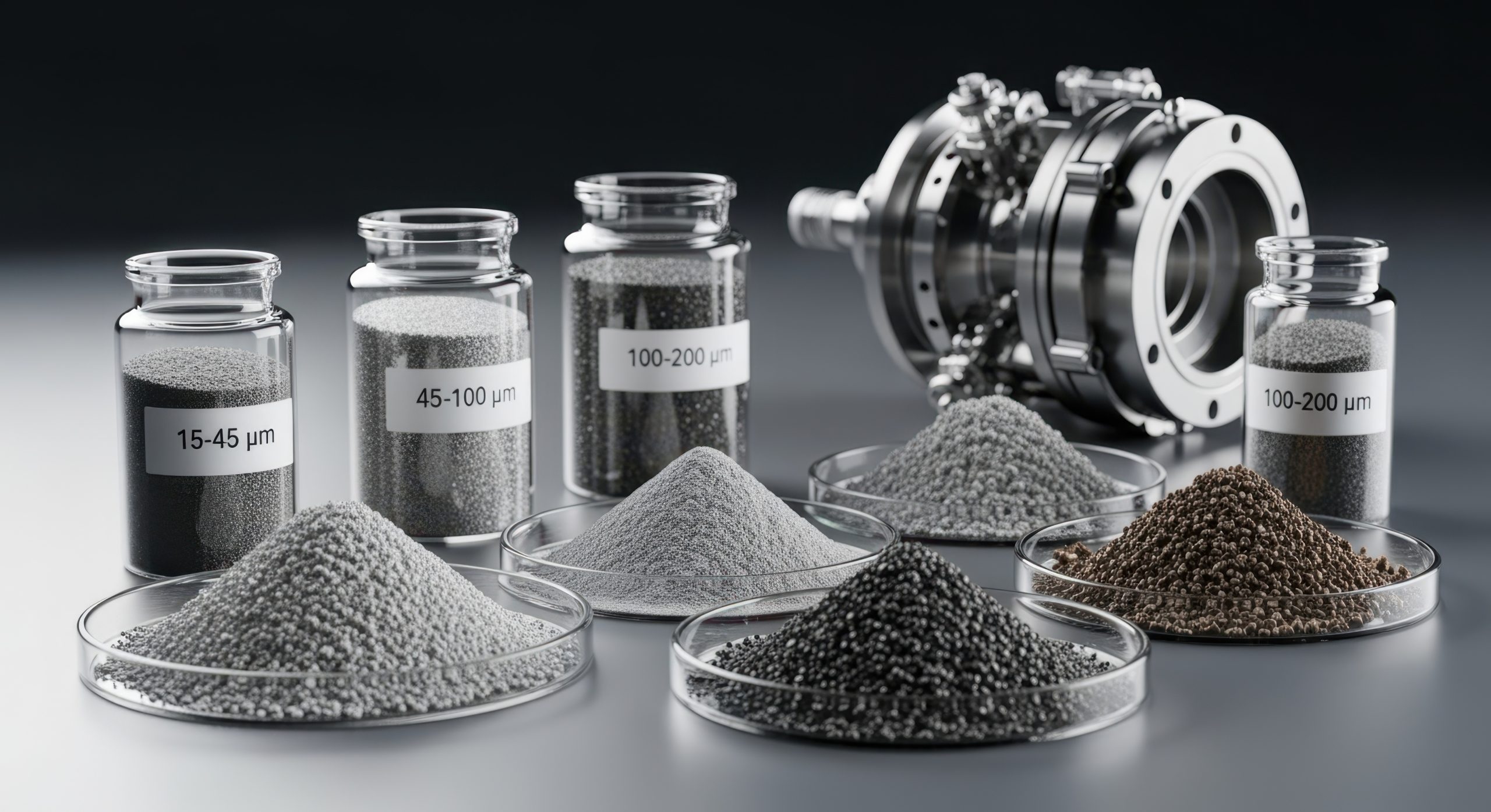Collection of metal powders in various particle sizes used as feedstock in powderbed additive manufacturing AdobeStock 1658441508 scaled